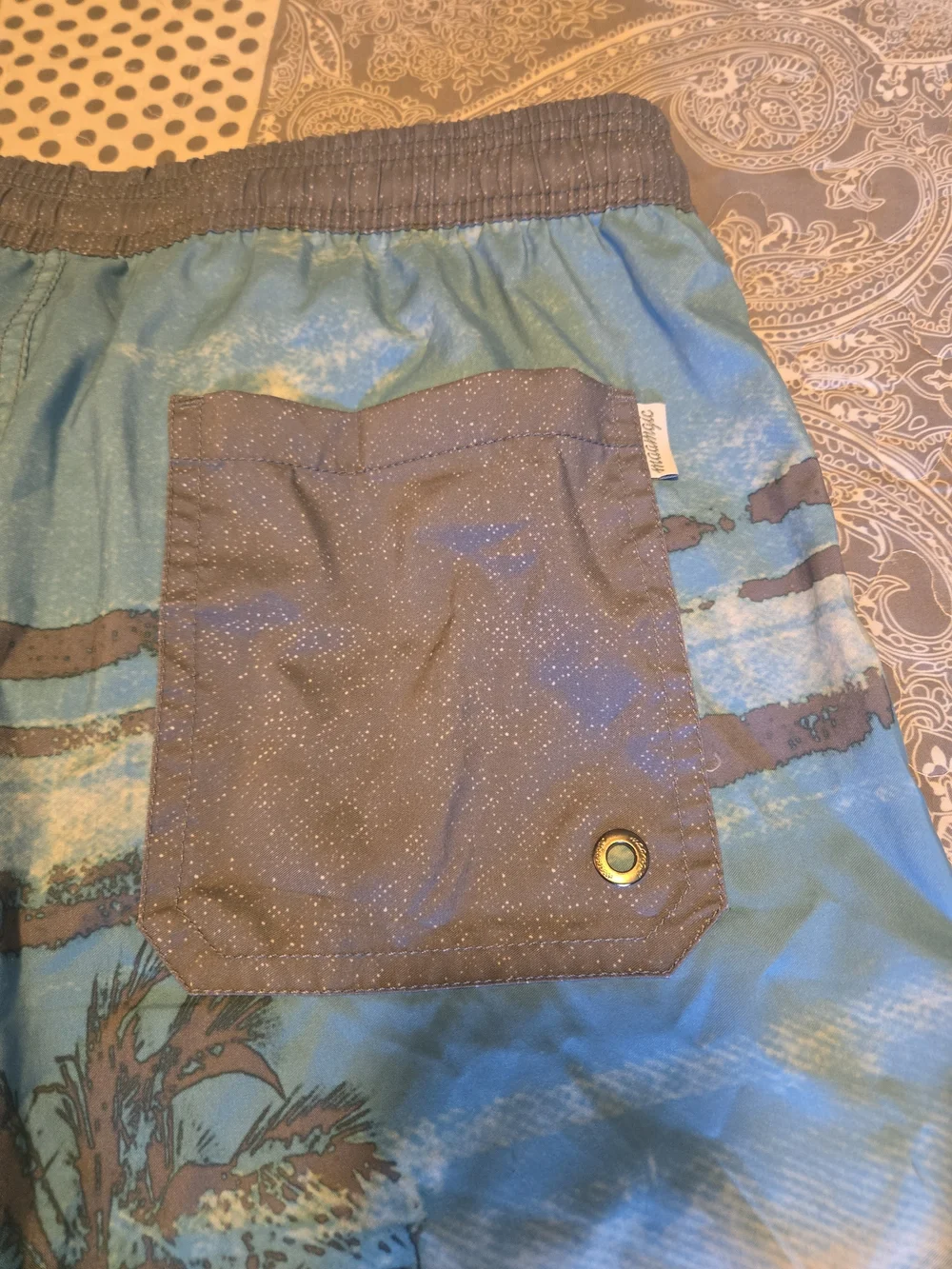 Men's Anchor Print Navy and Blue Palm Tree Board Swim Shorts - Size Medium